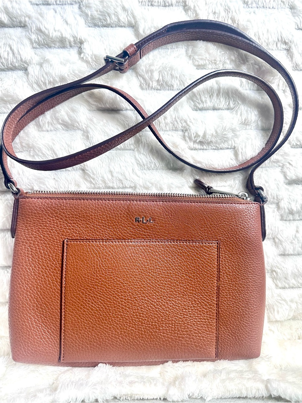 RLL Ralph Lauren (RLL) crossbody in Cognac with beautiful Red interior. PERFECT